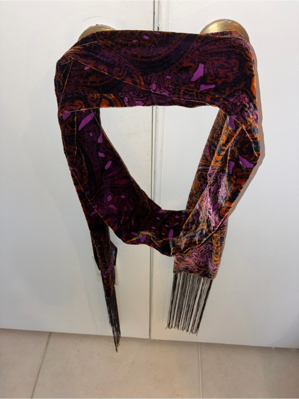 Zara Velvet Paisley Fringe Scarf in Purple and Orange - Picture 3 of 3